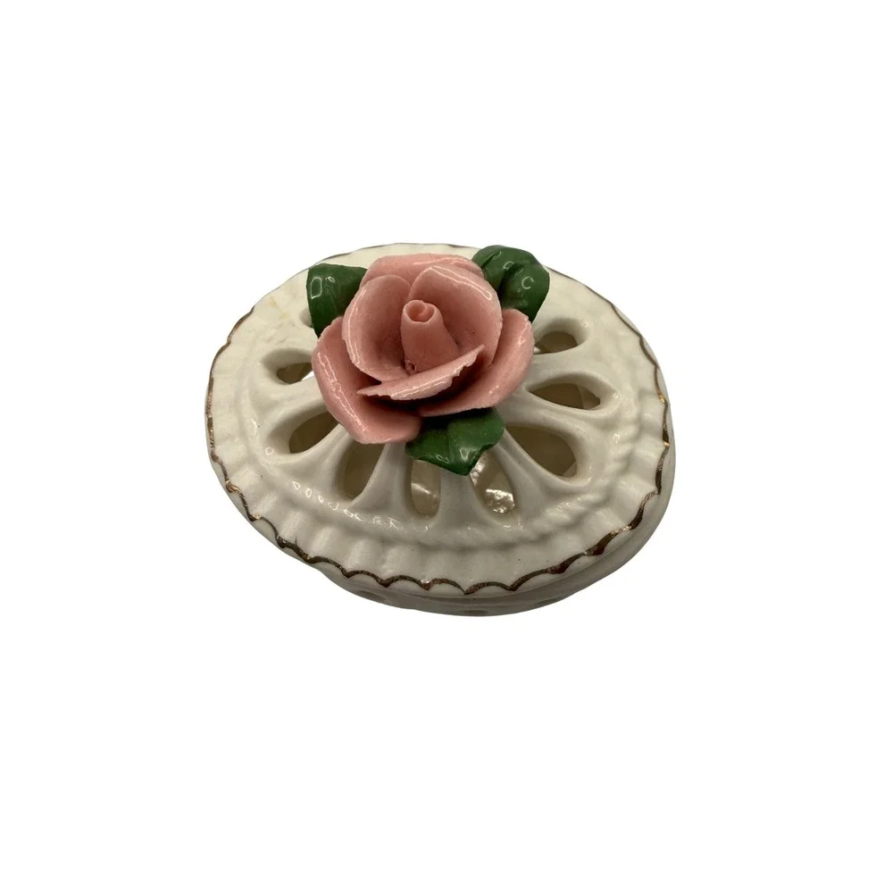 Vintage Ceramic Rose Trinket Box Lattice Heart Cutout Pink Gold Trim Small Oval